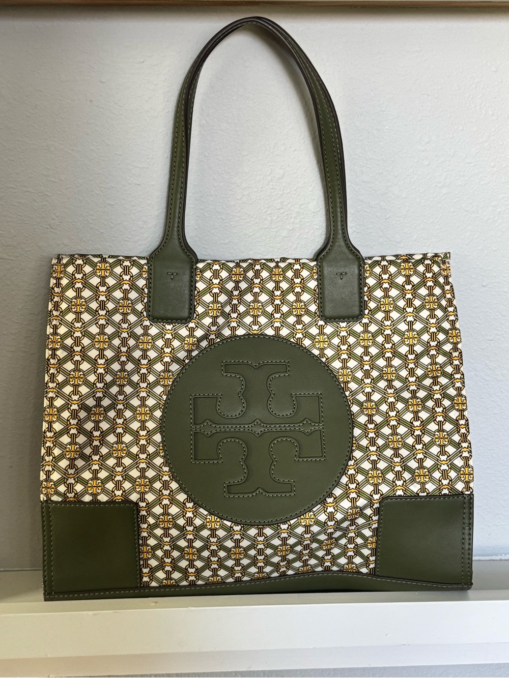 Tory Burch Olive Green and Cream Logo Tote